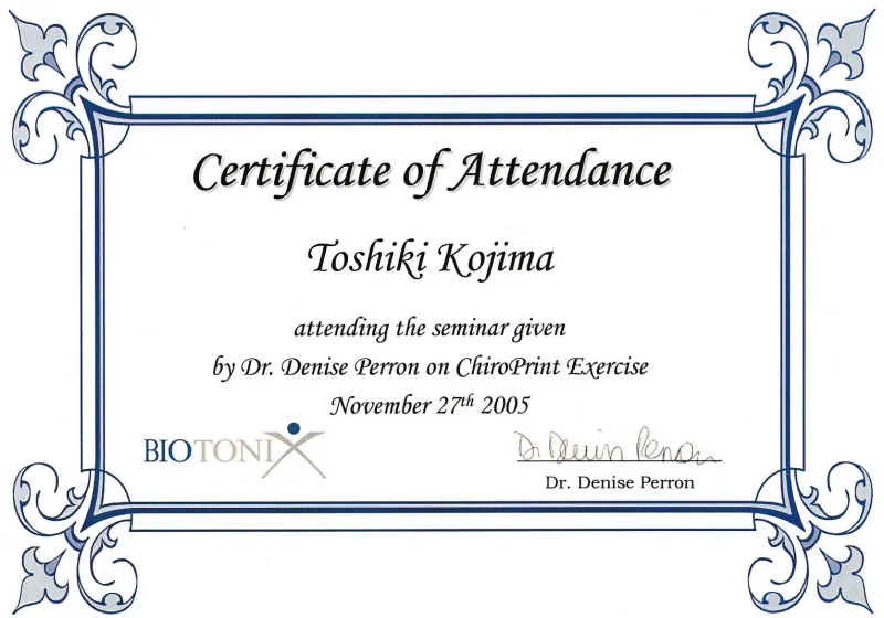 Biotonix ChiroPrint Exercise Certificate